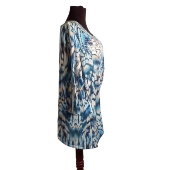Chicos Size 3 XL Tunic Top Blue Ikat Pattern Long Sleeve Pleated Raw Edge Detail - Picture 6 of 9